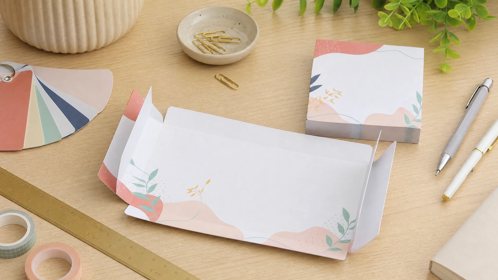 Blocs de notas con motivo floral y hojas de papel plegadas junto a bolígrafos y muestras de color sobre un escritorio