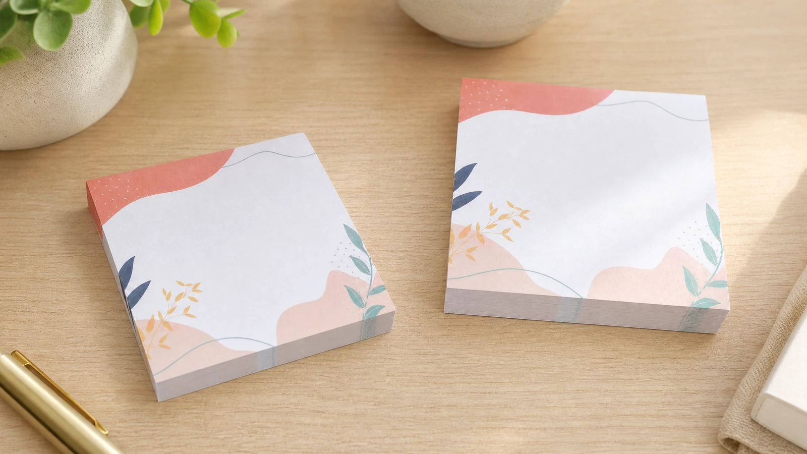 Dos blocs de notas impresos con motivo floral junto a bolígrafos sobre un escritorio de madera