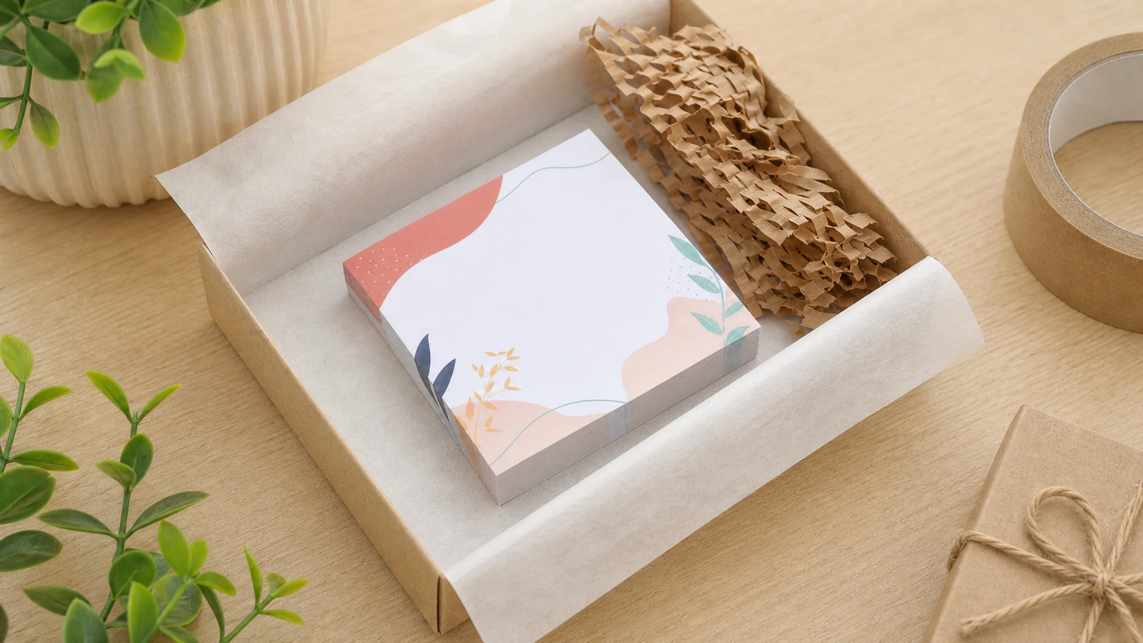 Bloc de notas impreso en una caja forrada con papel de seda y relleno de papel en panal