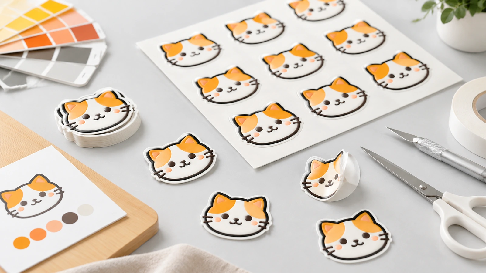 Pegatinas con cara de gato en hojas y como piezas individuales junto a muestras de color y herramientas de manualidades