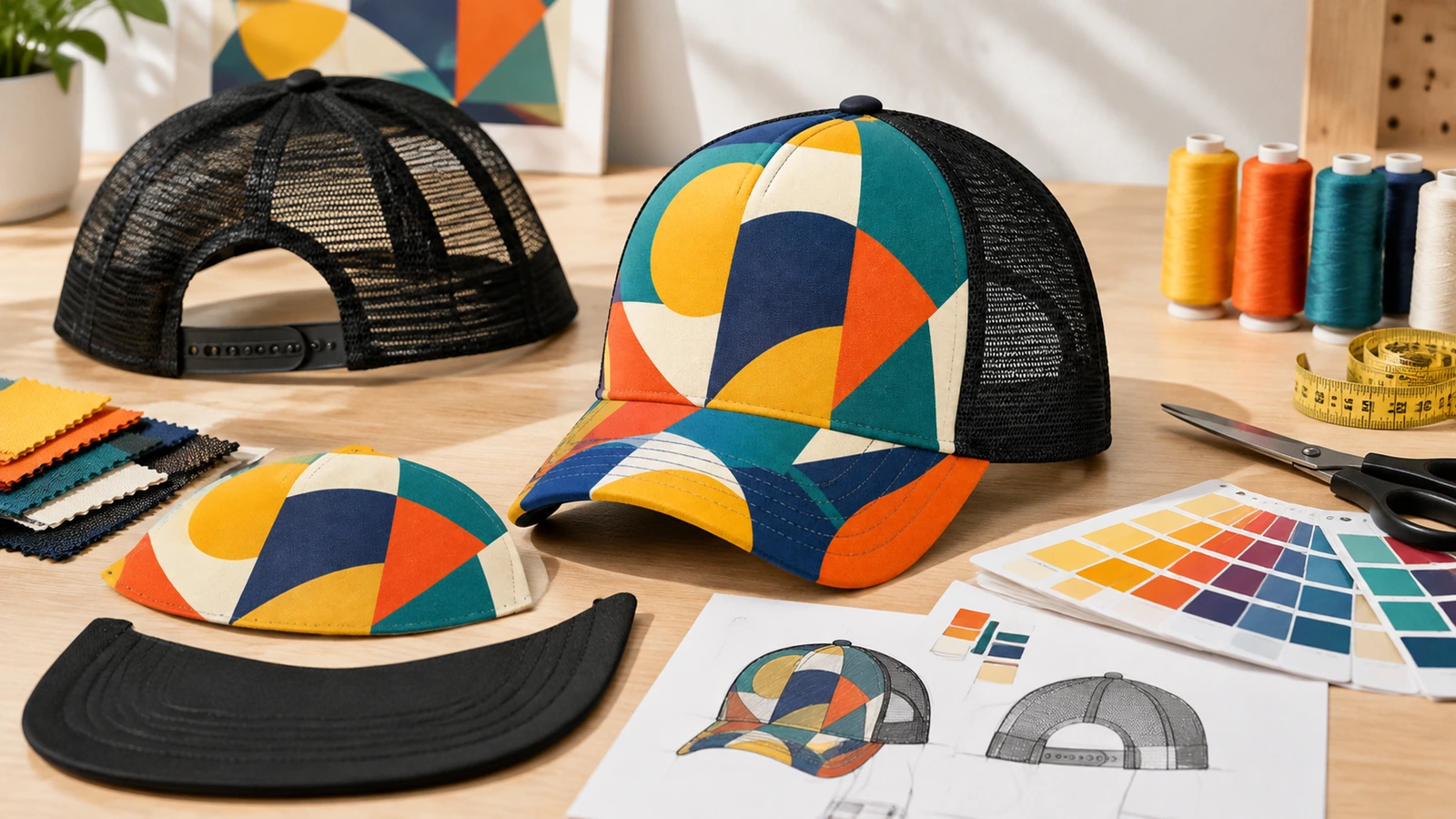 Gorras de malla trasera con estampado geométrico junto a componentes de la gorra, muestras de hilo y de color