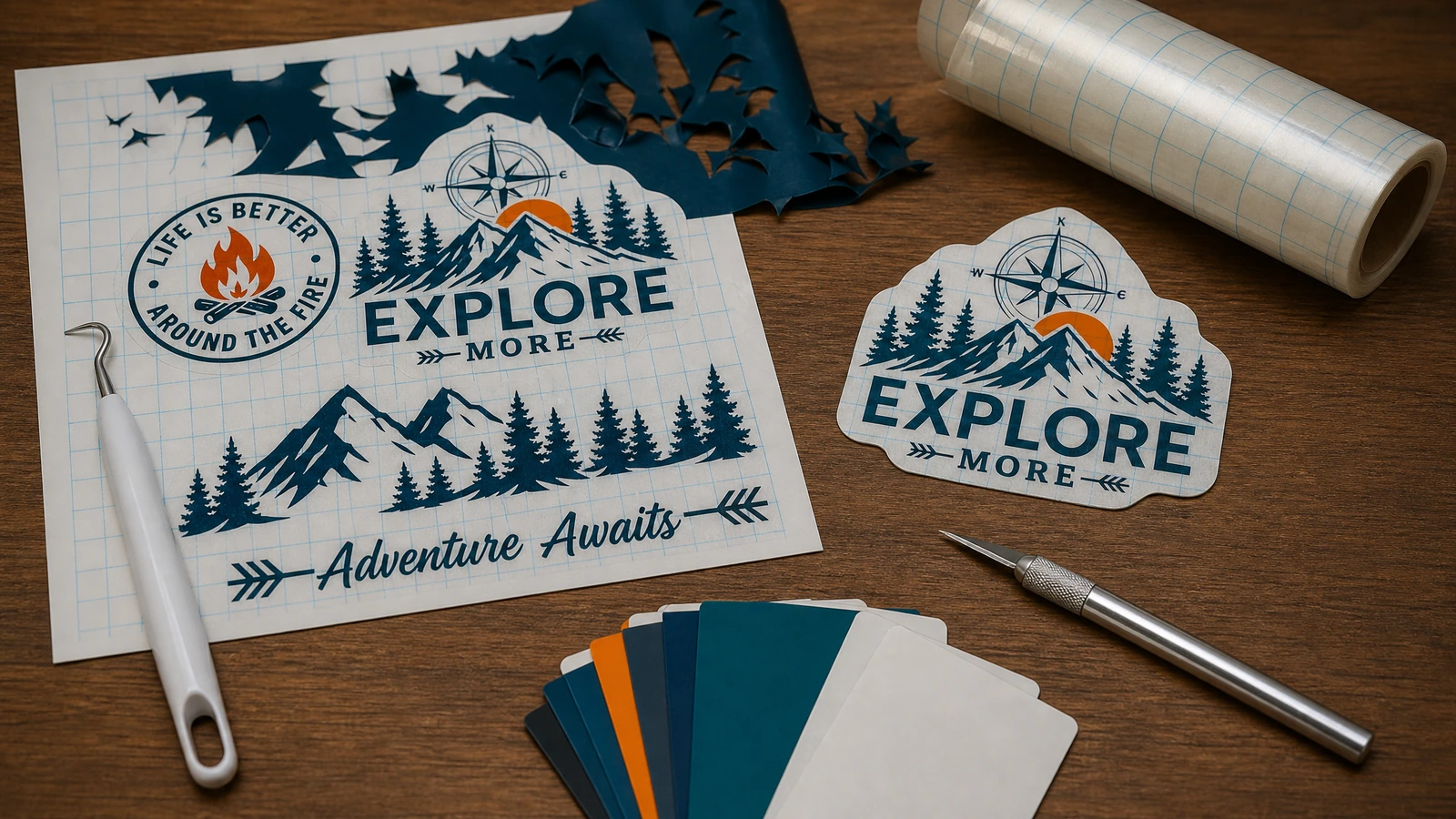Diseño de calcomanía de montaña y camping, muestras de película de colores, un rollo de cinta cuadriculada y herramientas de manualidades sobre una mesa de madera