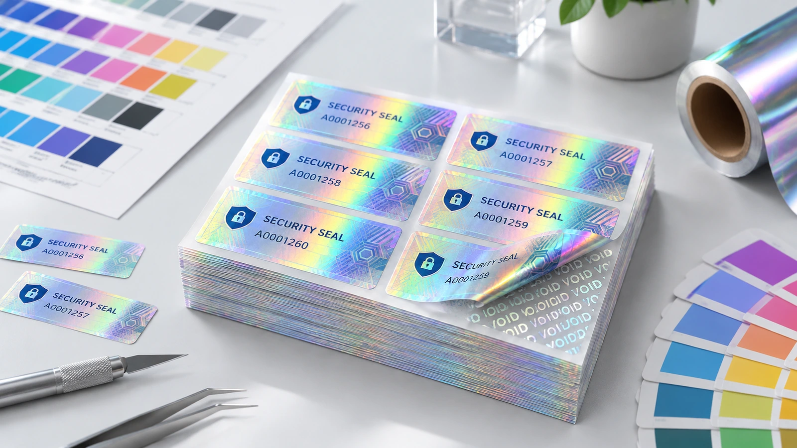 Hojas apiladas de etiquetas de seguridad holográficas junto a muestras de color, con una esquina despegada que muestra un patrón VOID