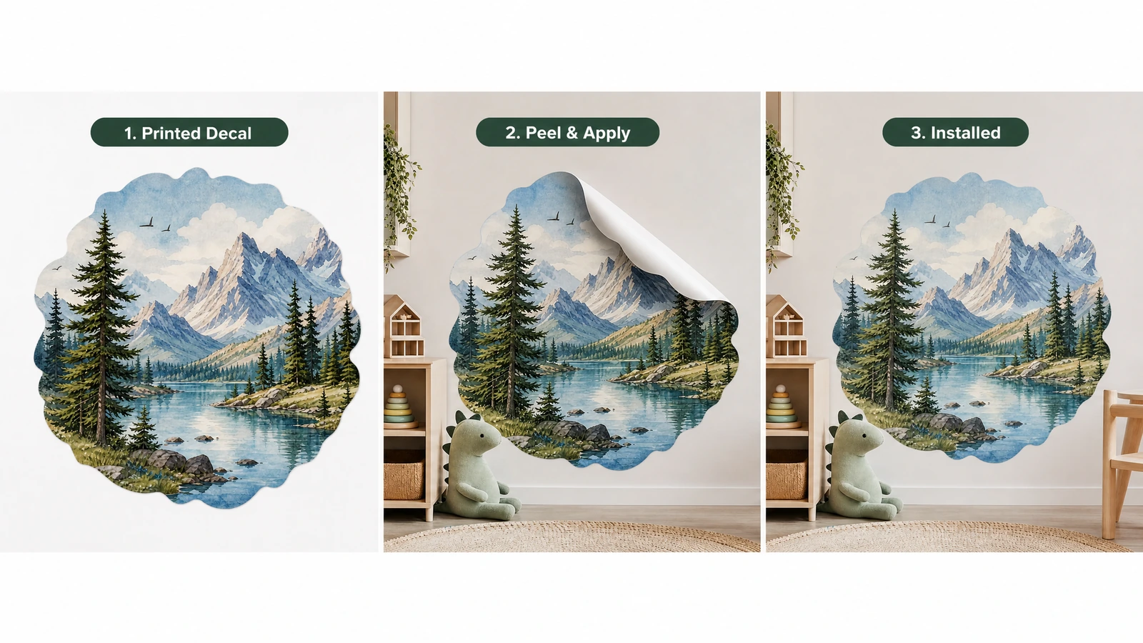 Ilustración de 3 paneles con una calcomanía impresa de montaña y lago, el paso de despegar y aplicar, y el resultado instalado