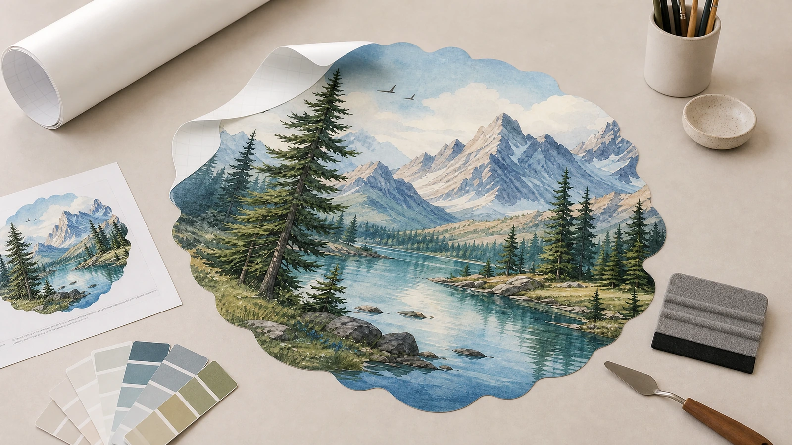 Calcomanía de montaña y lago sobre una mesa de trabajo con una muestra impresa, muestras de color y una rasqueta