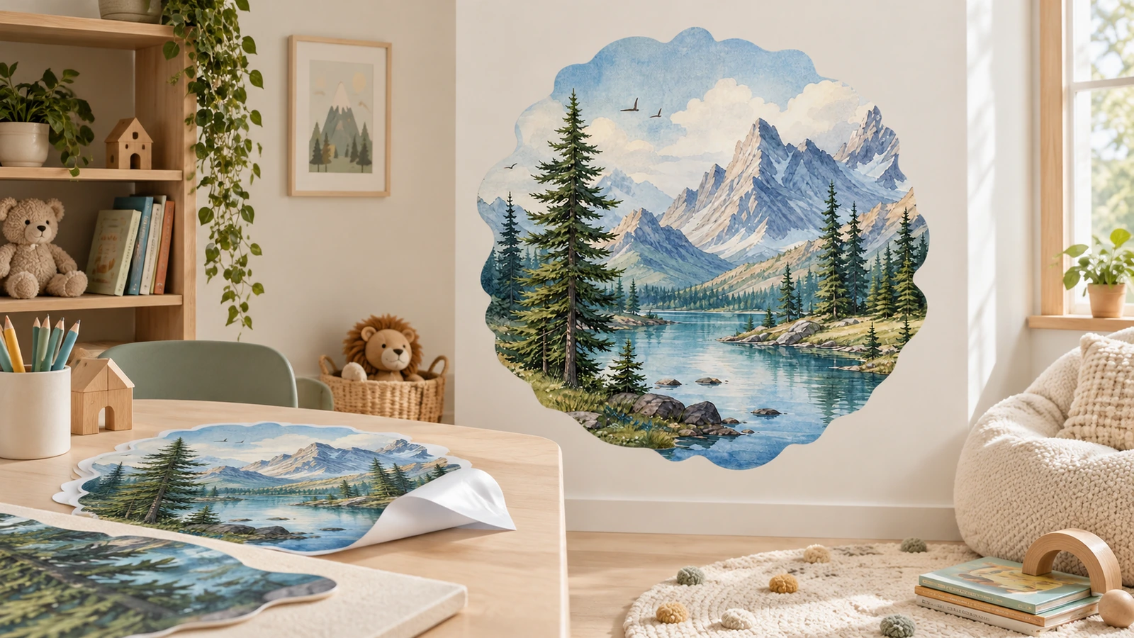 Calcomanía de montaña y lago en la pared de una habitación infantil, con hojas de calcomanías a juego sobre la mesa