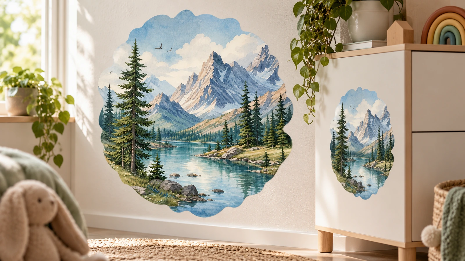 Calcomanías de montaña y lago exhibidas en una pared y un armario de una habitación infantil