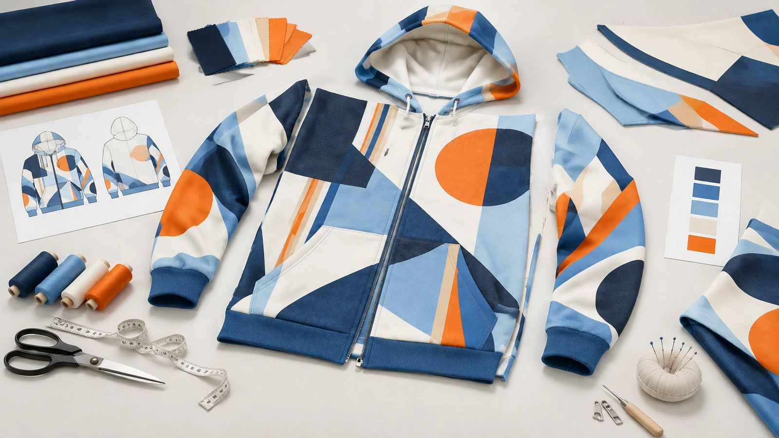 Sudadera geométrica con cremallera en azul, naranja y blanco, rodeada de muestras de tela, hilo y herramientas de costura