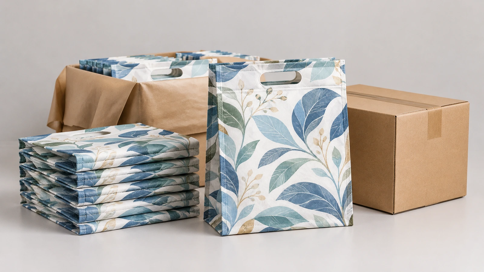 Bolsas D-cut y cajas de embalaje Bolsa D-cut con estampado de hojas en posición vertical y bolsas plegadas junto a cajas de cartón para embalaje