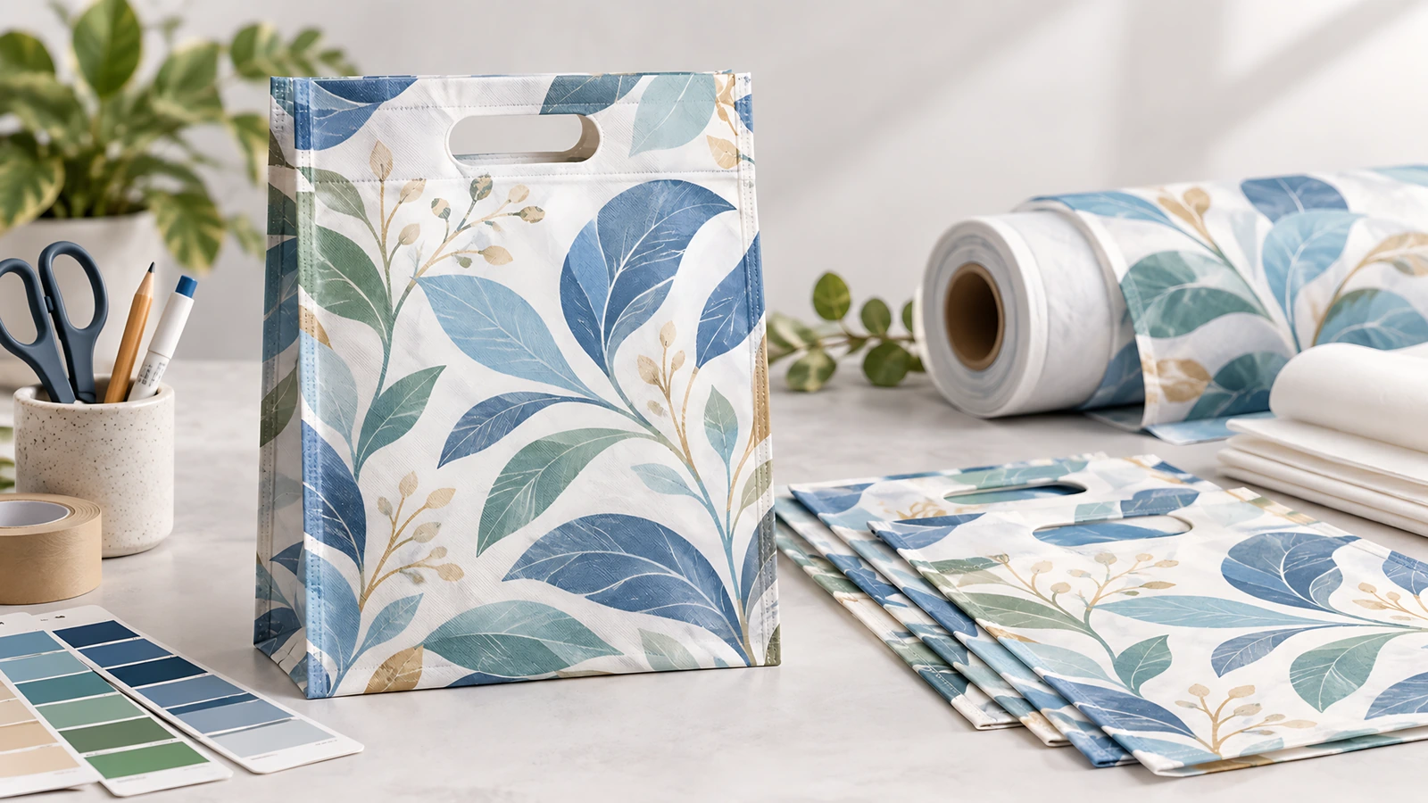 Bolsa D-cut con estampado de hojas y materiales de producción Bolsa D-cut con estampado de hojas en azul y verde, con rollos de material impreso, bolsas apiladas y muestras de color