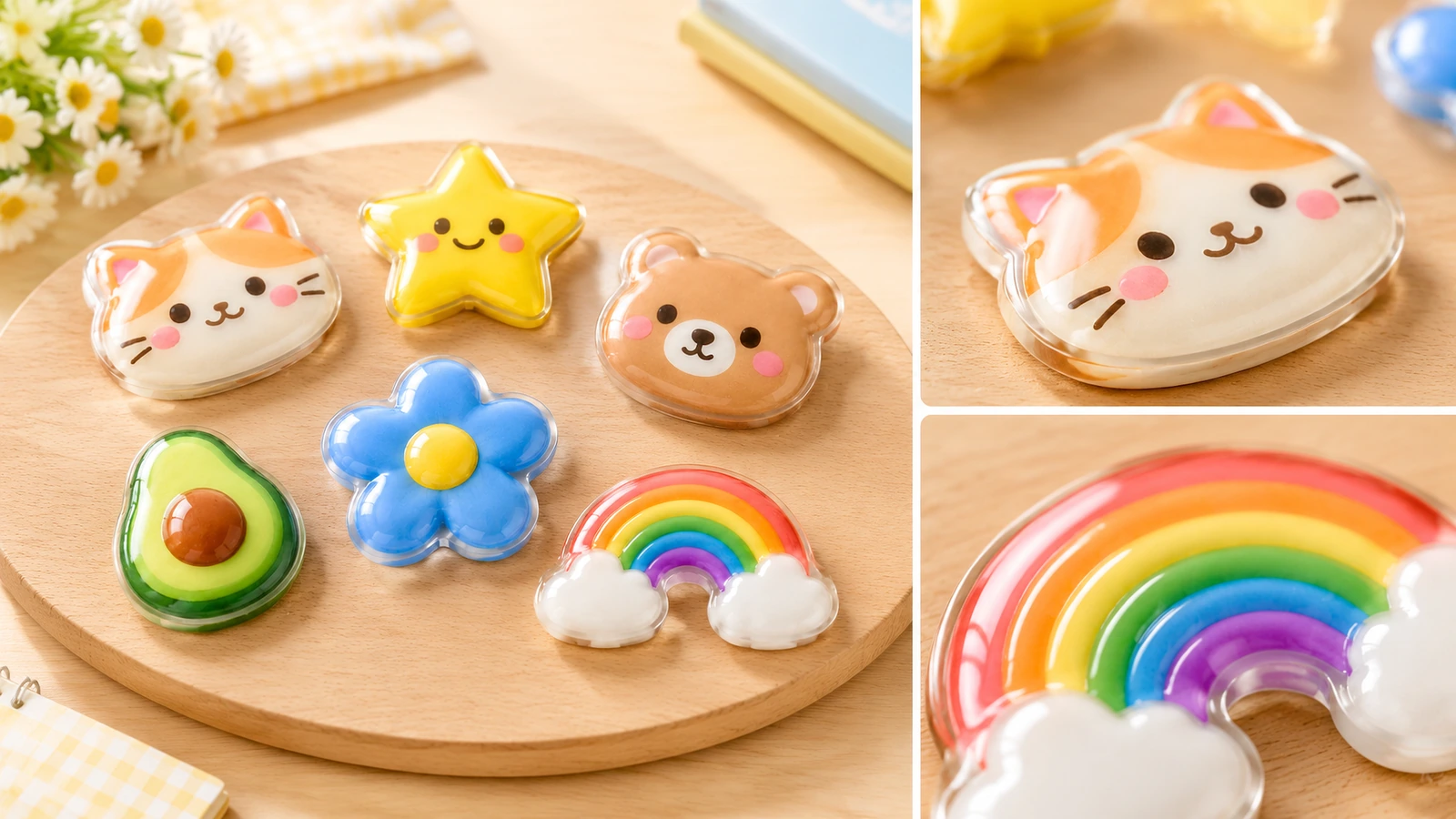 Pegatinas con cúpula de gato, estrella, oso, flor, aguacate y arcoíris sobre una tabla redonda de madera, con vistas de detalle del gato y del arcoíris