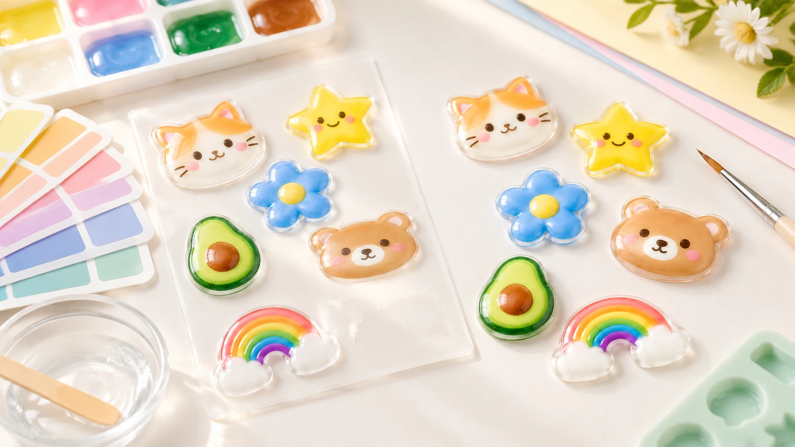 Hojas de pegatinas brillantes con cúpula, con diseños de gato, estrella, flor, oso, aguacate y arcoíris, junto a materiales de pintura
