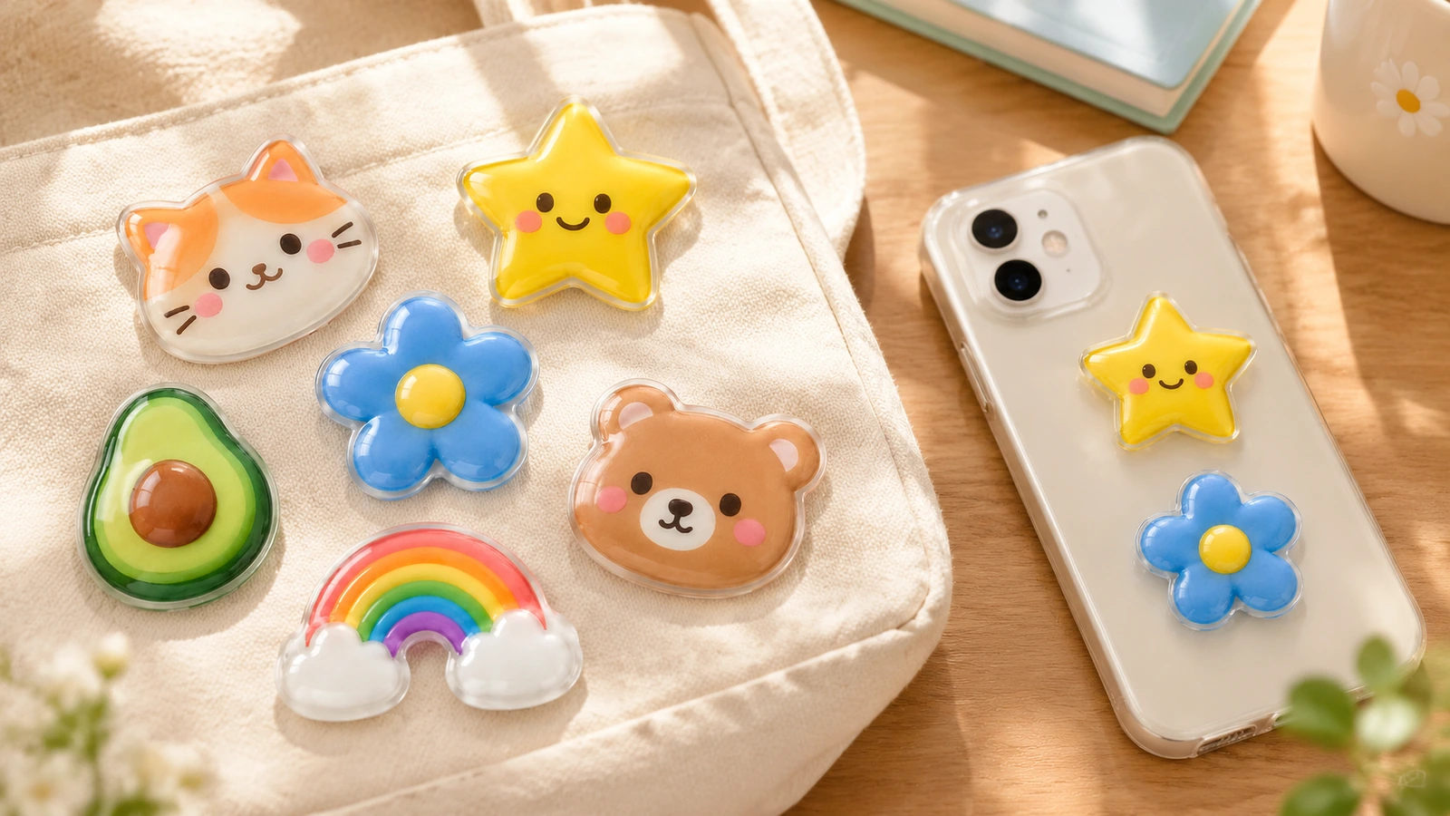 Pegatinas con cúpula de colores con forma de gato, estrella, flor, oso, aguacate y arcoíris, expuestas sobre una bolsa de tela junto a una funda de teléfono decorada
