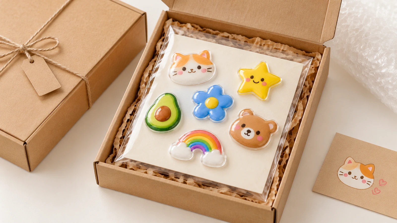 Hoja de pegatinas de dibujos animados con cúpula presentada en una caja de regalo abierta de papel kraft, con relleno de papel triturado