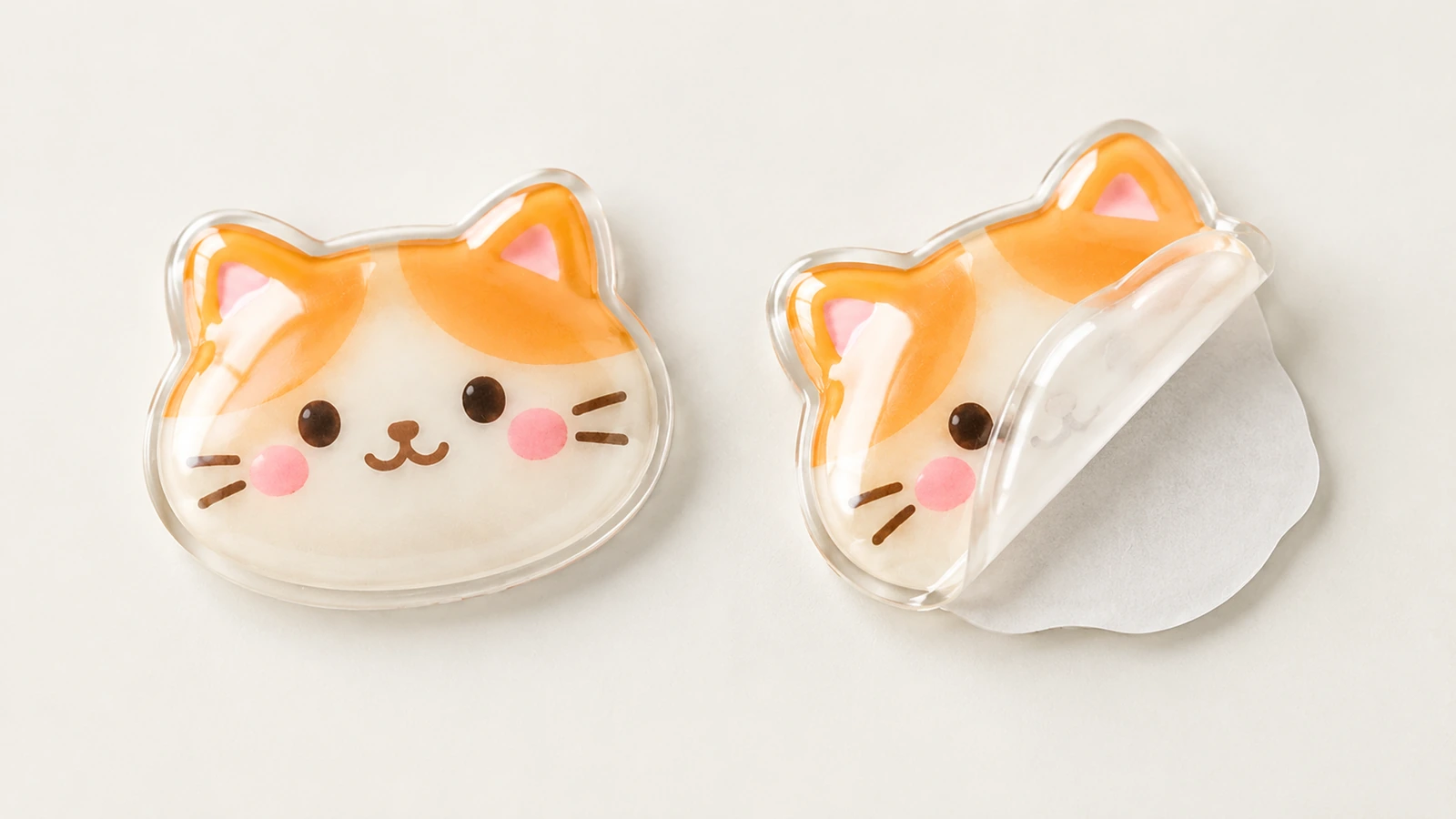 Dos pegatinas con cúpula con forma de gato, una de ellas con el respaldo blanco de liberación parcialmente despegado