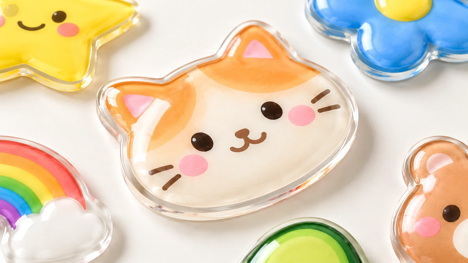 Primer plano de una pegatina brillante con cúpula con forma de gato, rodeada de diseños de estrella, flor, arcoíris y aguacate