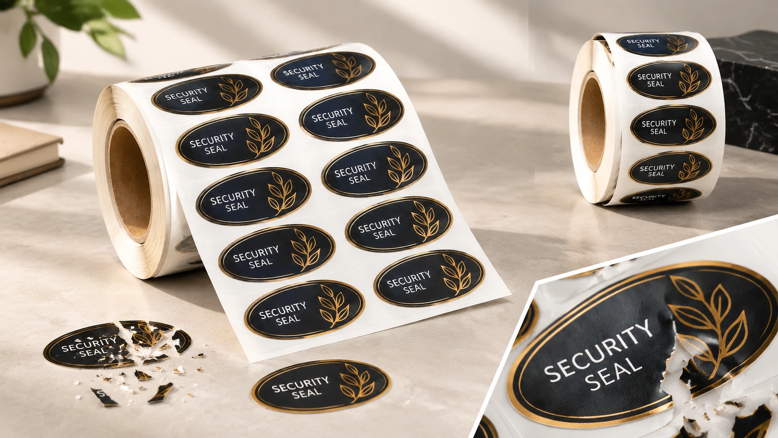 Rollo de etiquetas de seguridad, etiquetas intactas y una etiqueta fragmentada con un recuadro de detalle