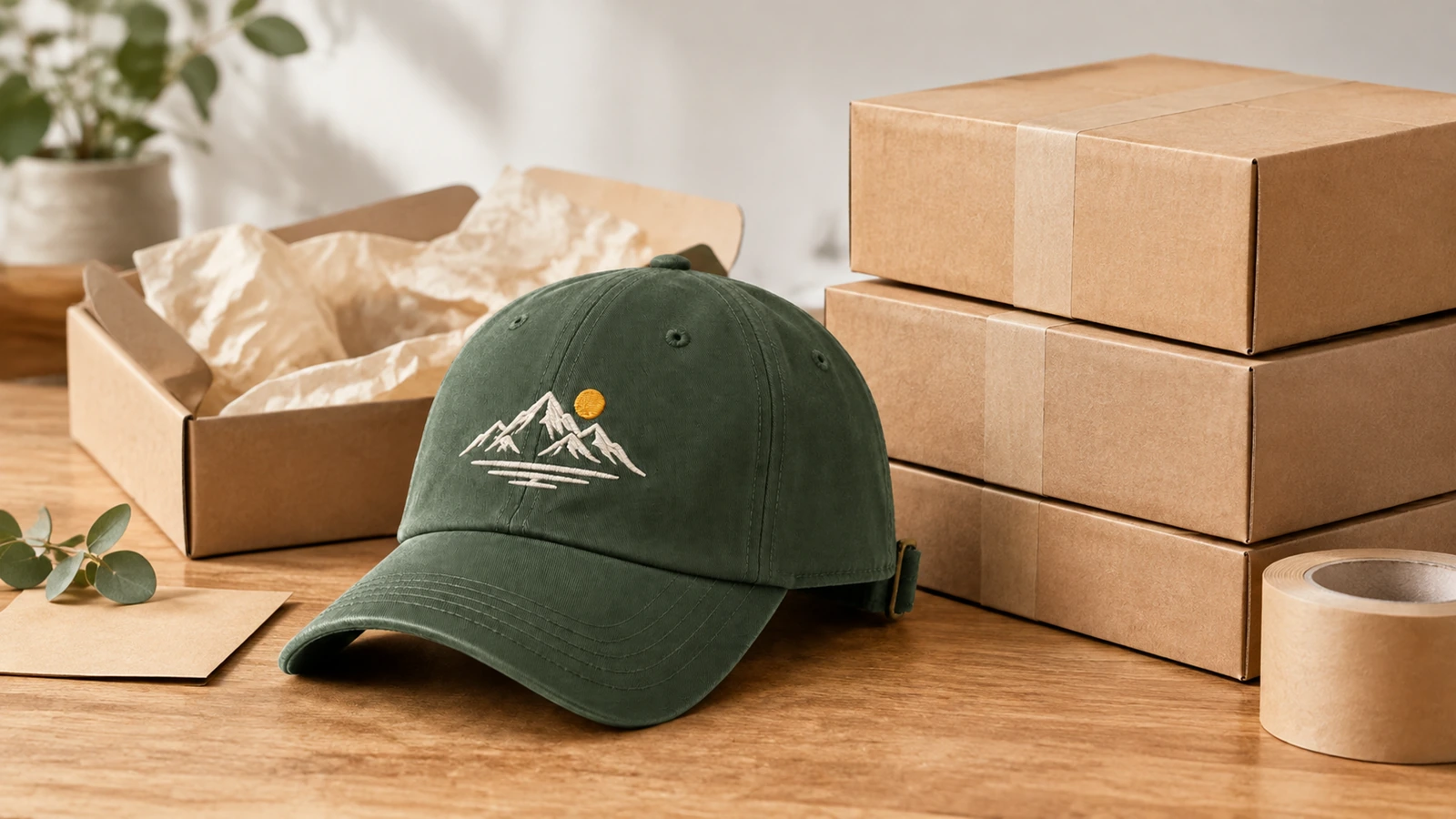 Gorra verde bordada junto a cajas de cartón y papel de embalaje