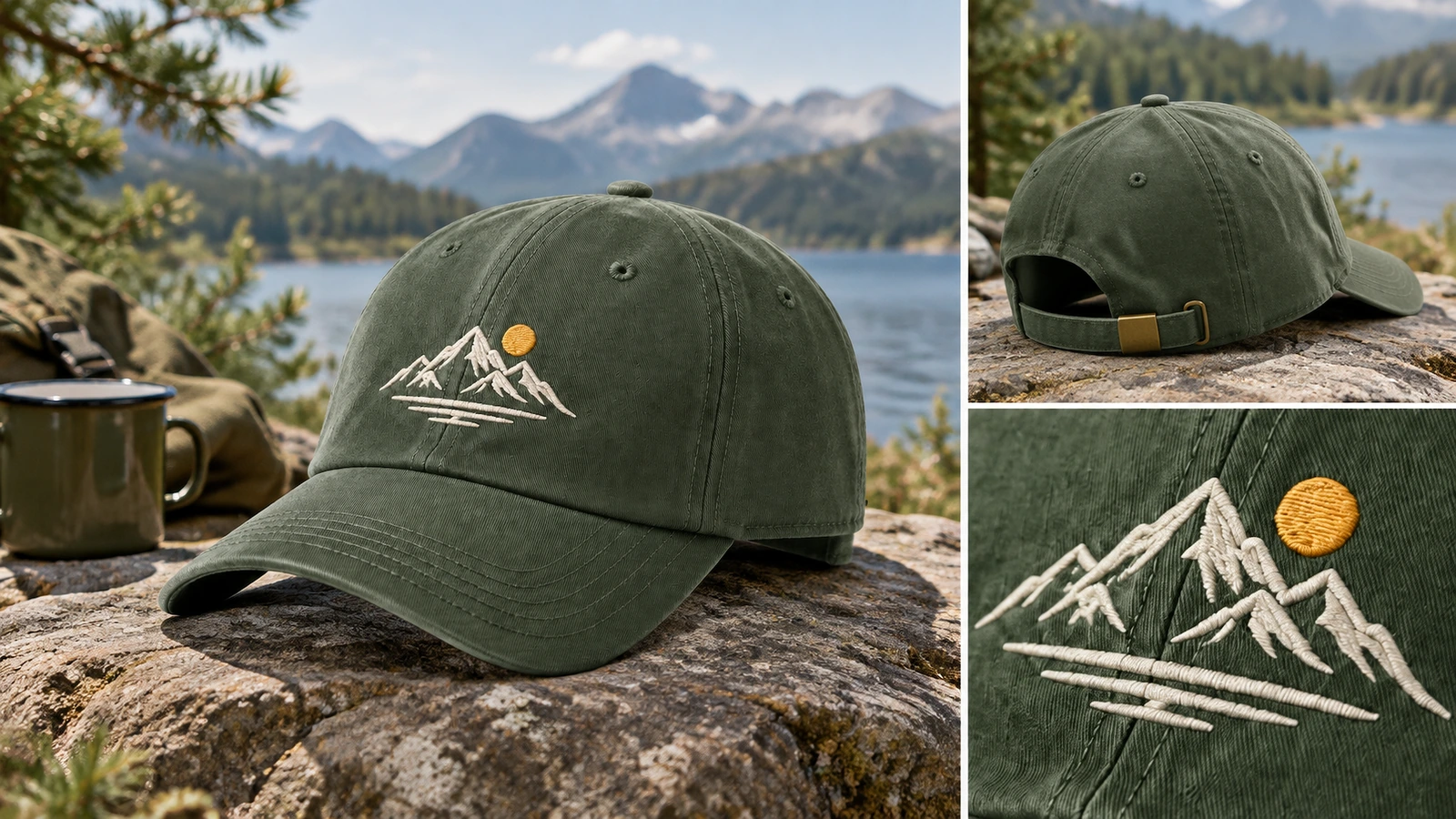 Exhibición de gorras al aire libre con detalle de la correa trasera y primeros planos del bordado