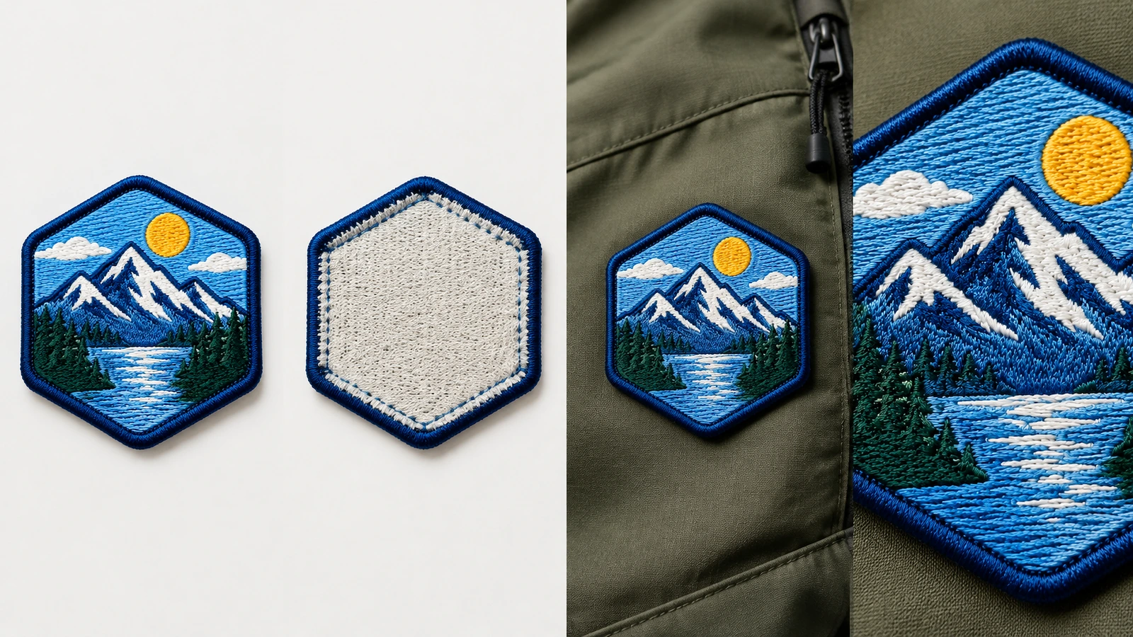 Anverso, reverso y collage de la prenda con el parche Collage que muestra el anverso y el reverso de un parche, y su colocación en una chaqueta
