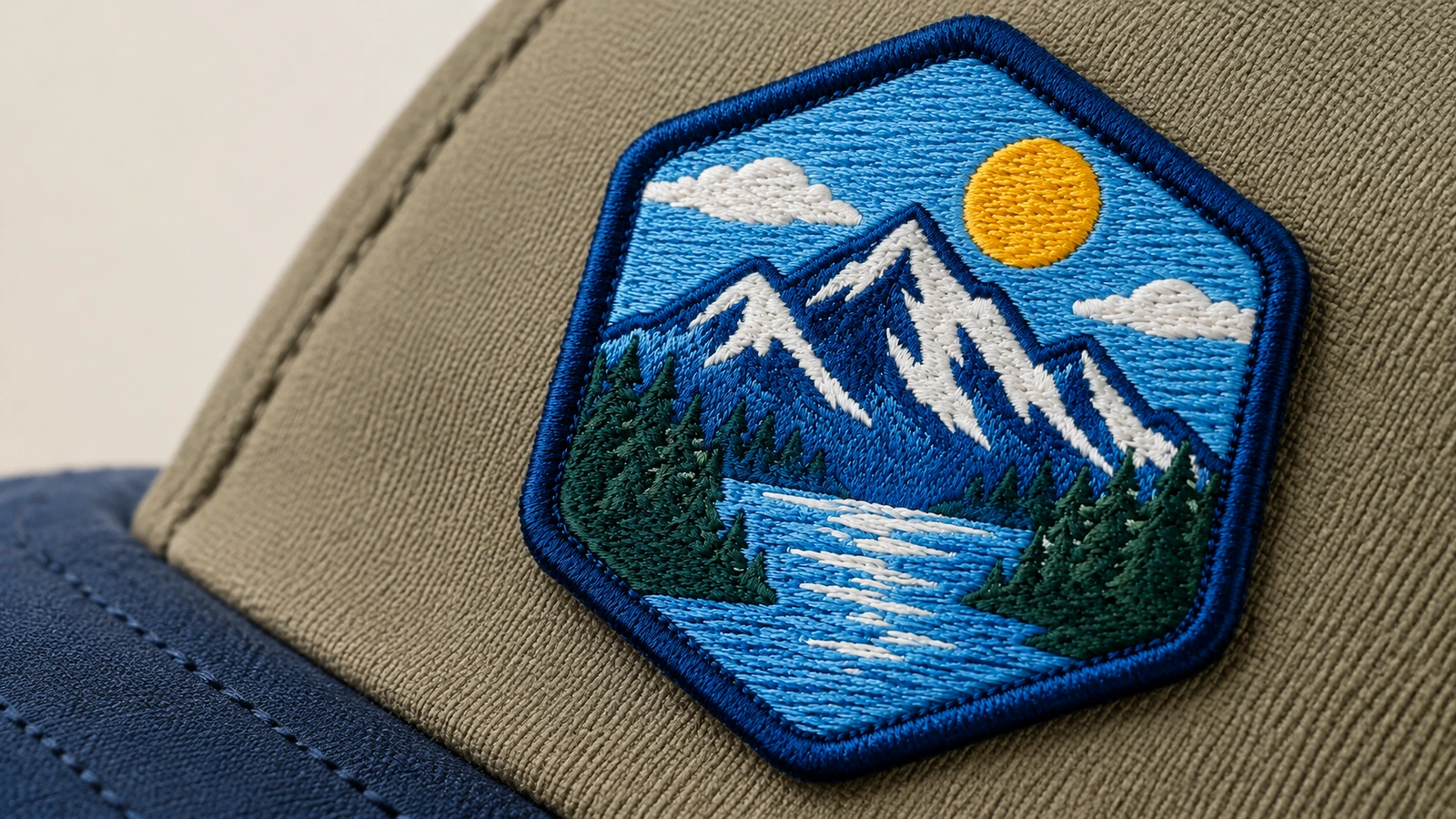 Parche en una gorra de tela Primer plano de un parche bordado con paisaje de montaña en una gorra de tela verde oliva