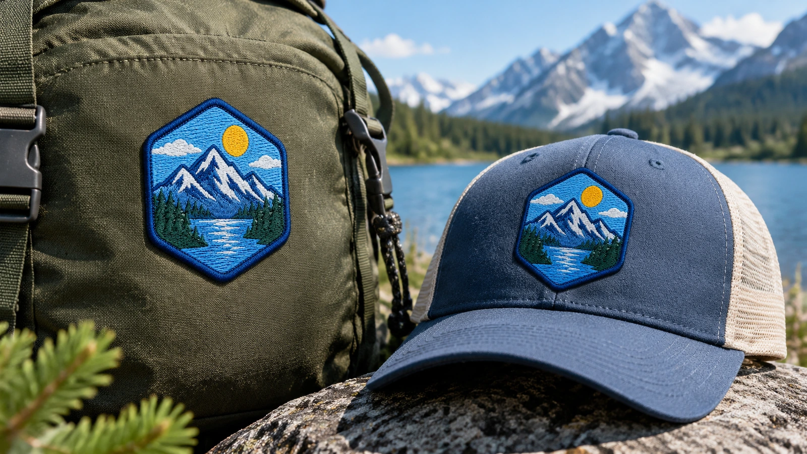 Parches de montaña en equipo para exteriores Parches de montaña a juego en una mochila y una gorra, junto a un lago