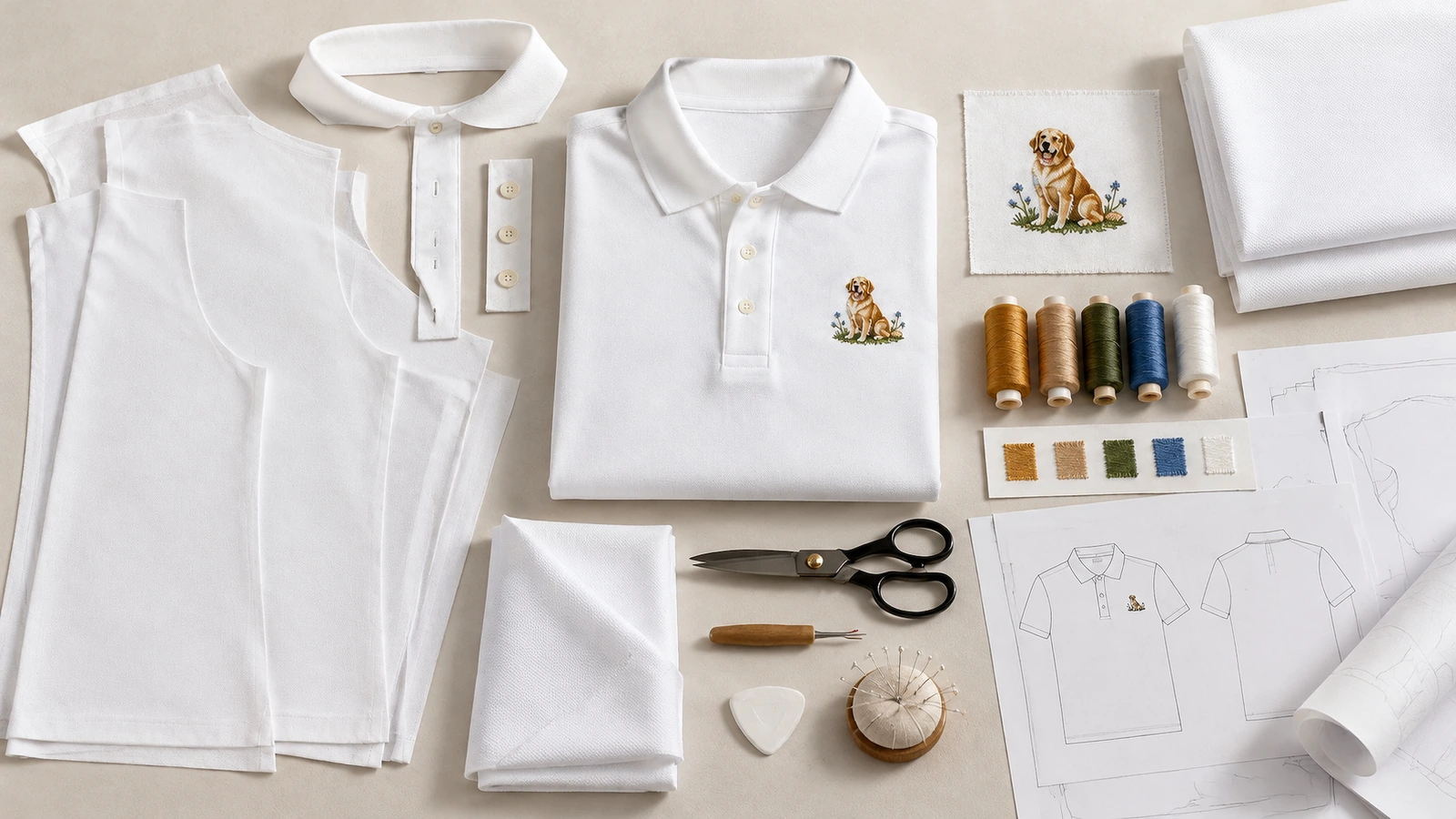 Camisa polo y materiales de bordado Camisa polo blanca, retales de tela, carretes de hilo de bordado, tijeras y una muestra con diseño de perro, dispuestos sobre una mesa de trabajo