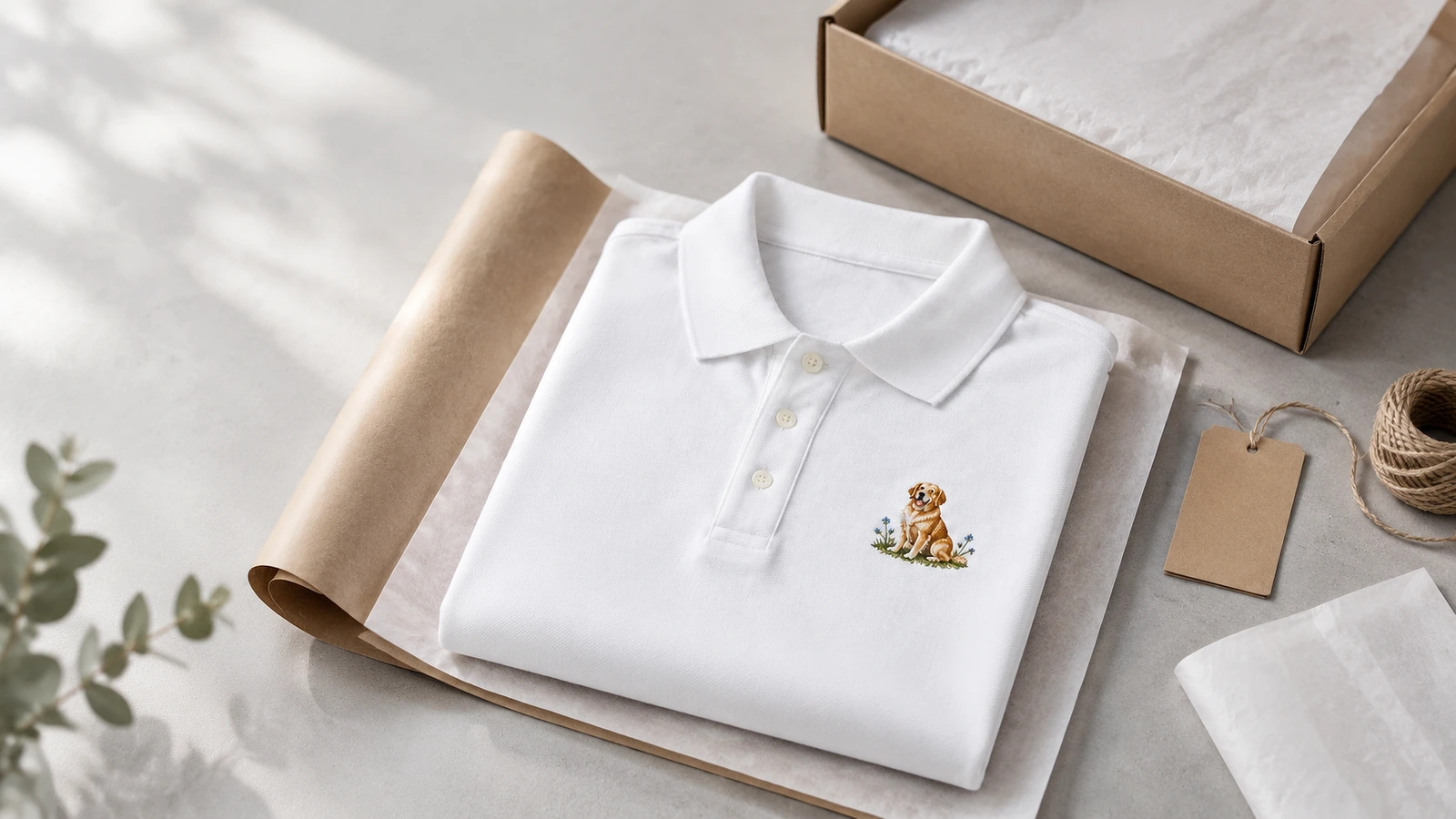 Polo doblado y materiales de embalaje Polo blanco bordado doblado sobre papel de envolver kraft junto a una caja y una etiqueta en blanco