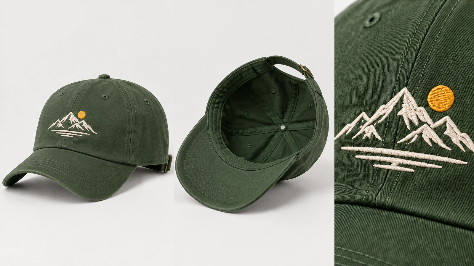 Vistas frontal e interior de la gorra junto a un primer plano del diseño bordado