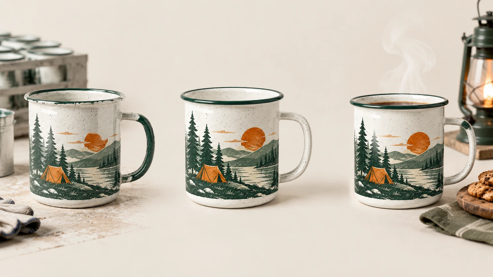 Tres tazas con diseño de camping sobre una encimera junto a equipo para café