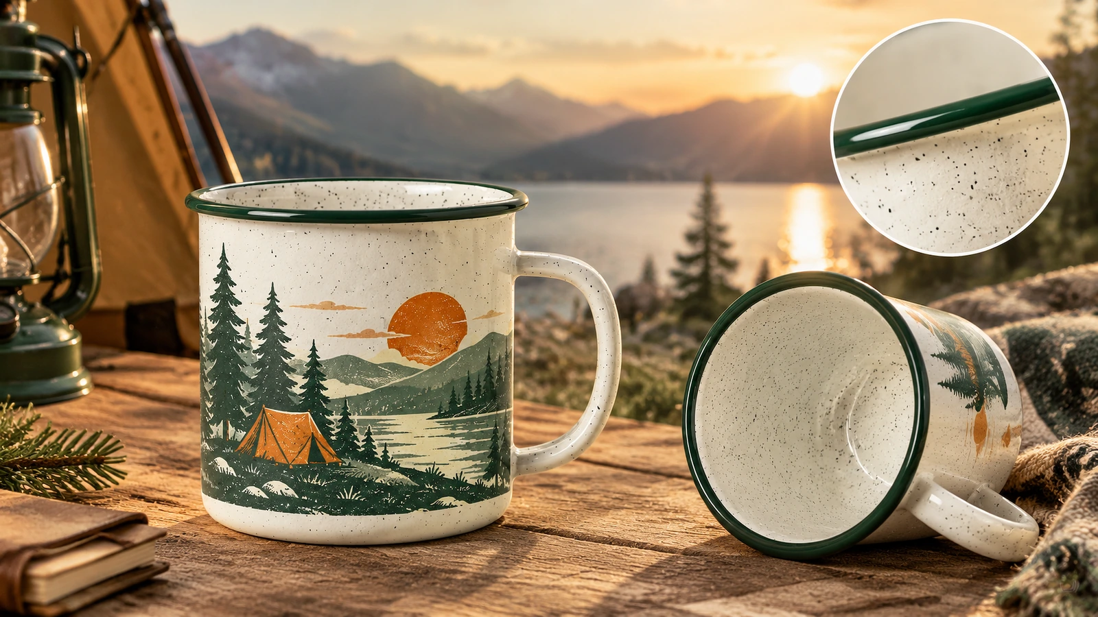 Tazas de camping junto a un lago al atardecer, con un recuadro de primer plano del borde verde
