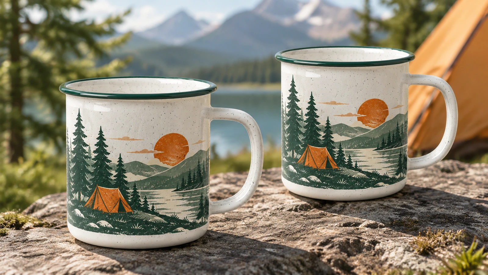 Dos tazas con diseño de camping sobre una roca junto a un lago y una tienda de campaña