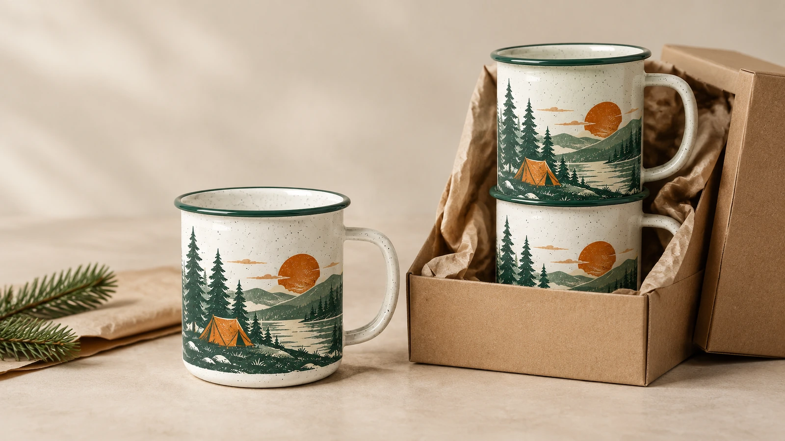 Tazas de camping junto a una caja de kraft abierta con relleno de papel protector