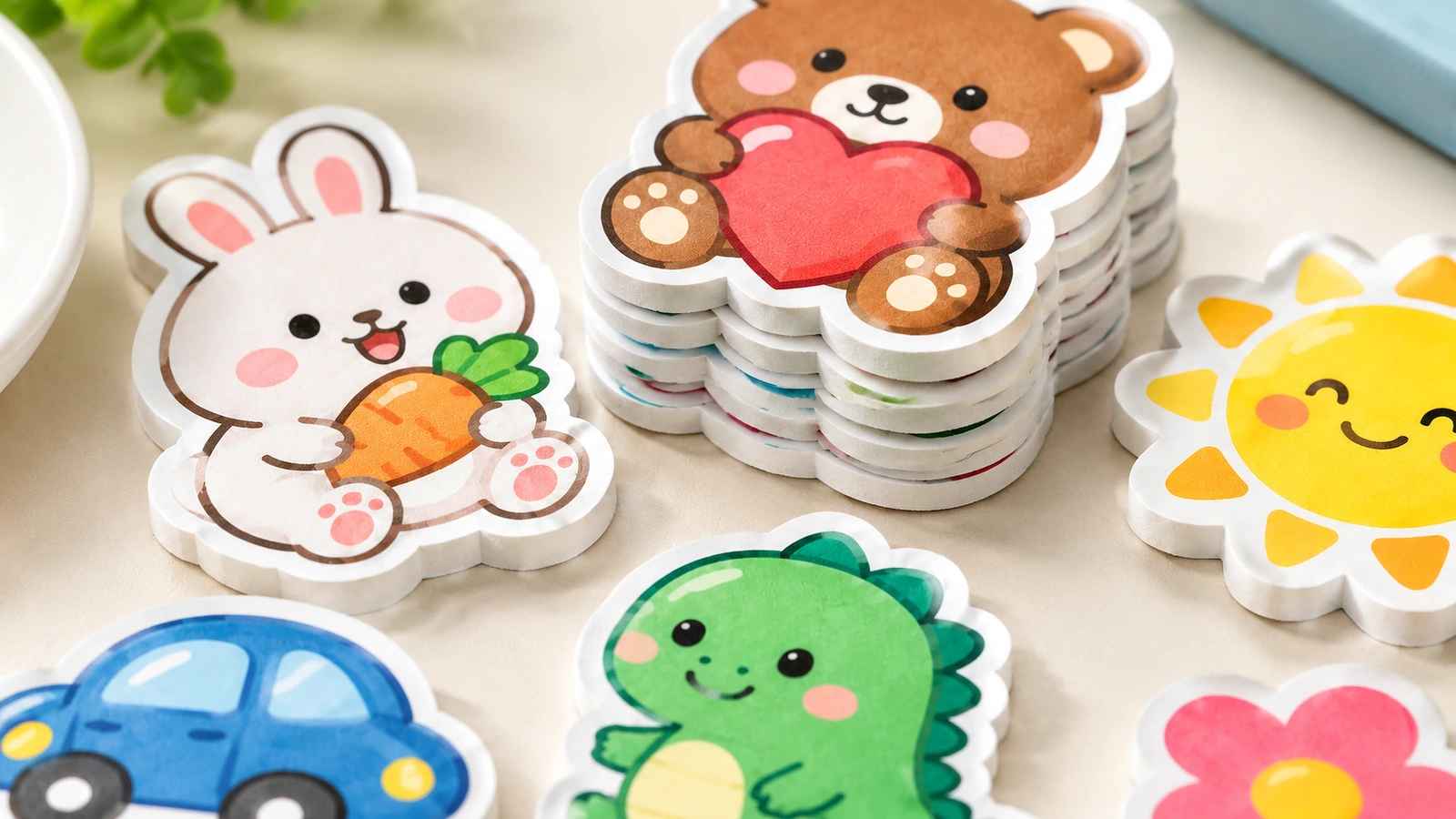 Primer plano de pegatinas de espuma de oso y conejo apiladas junto a diseños de sol, coche, dinosaurio y flor