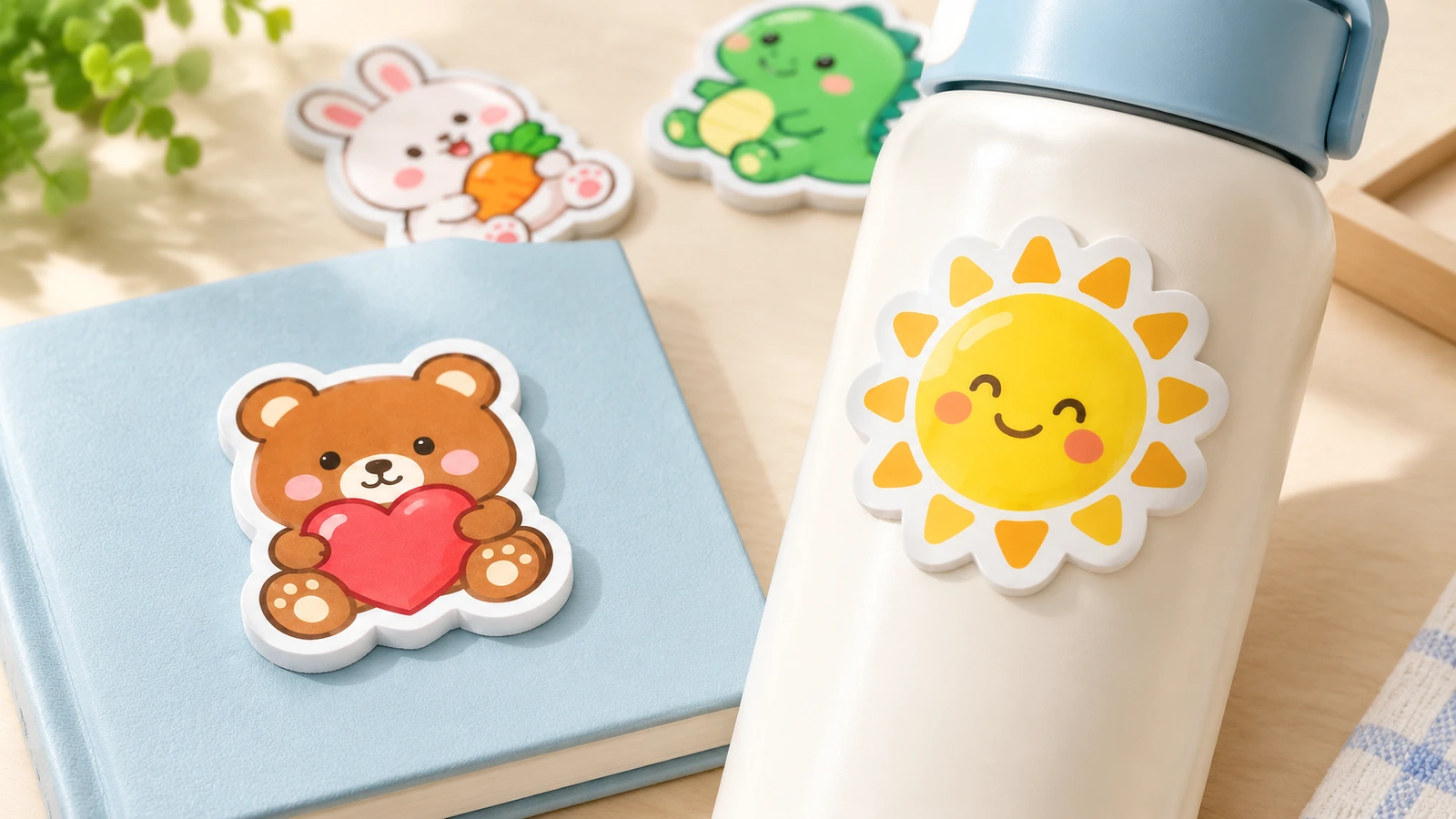 Pegatina de espuma de oso sobre una libreta azul y pegatina de espuma de sol sobre una botella blanca