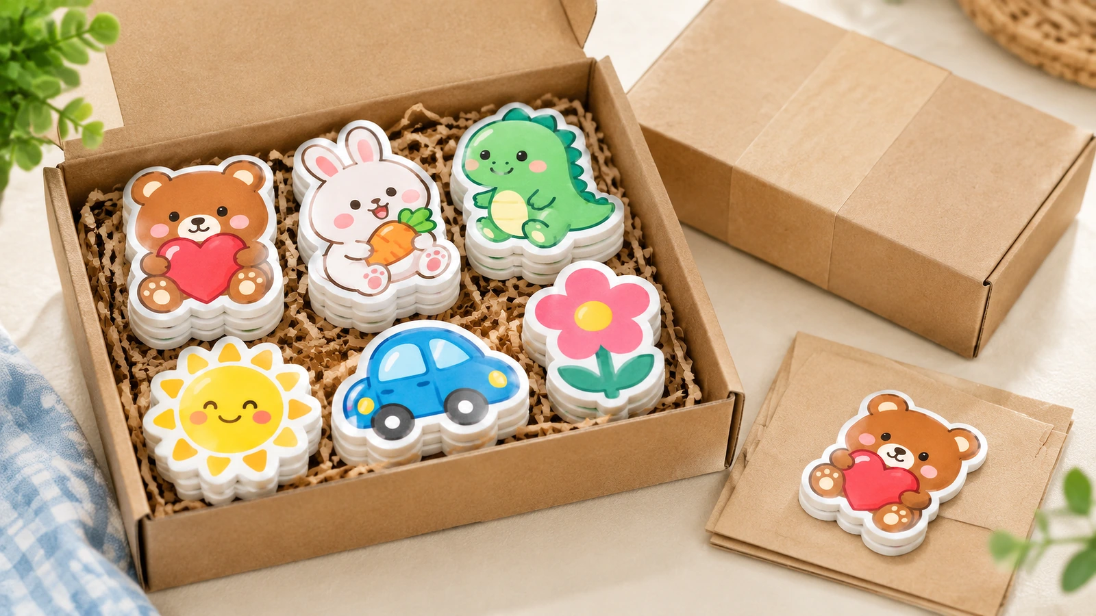 Pilas de pegatinas de espuma de personajes de colores en una caja de regalo de papel kraft abierta, con relleno de papel triturado