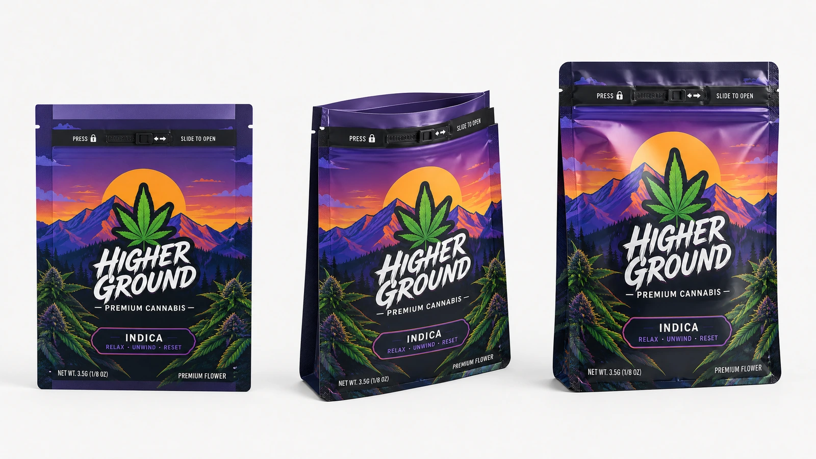 Vistas de perfil de bolsas impresas Tres vistas de bolsas moradas con obra gráfica de montañas y hojas de cannabis