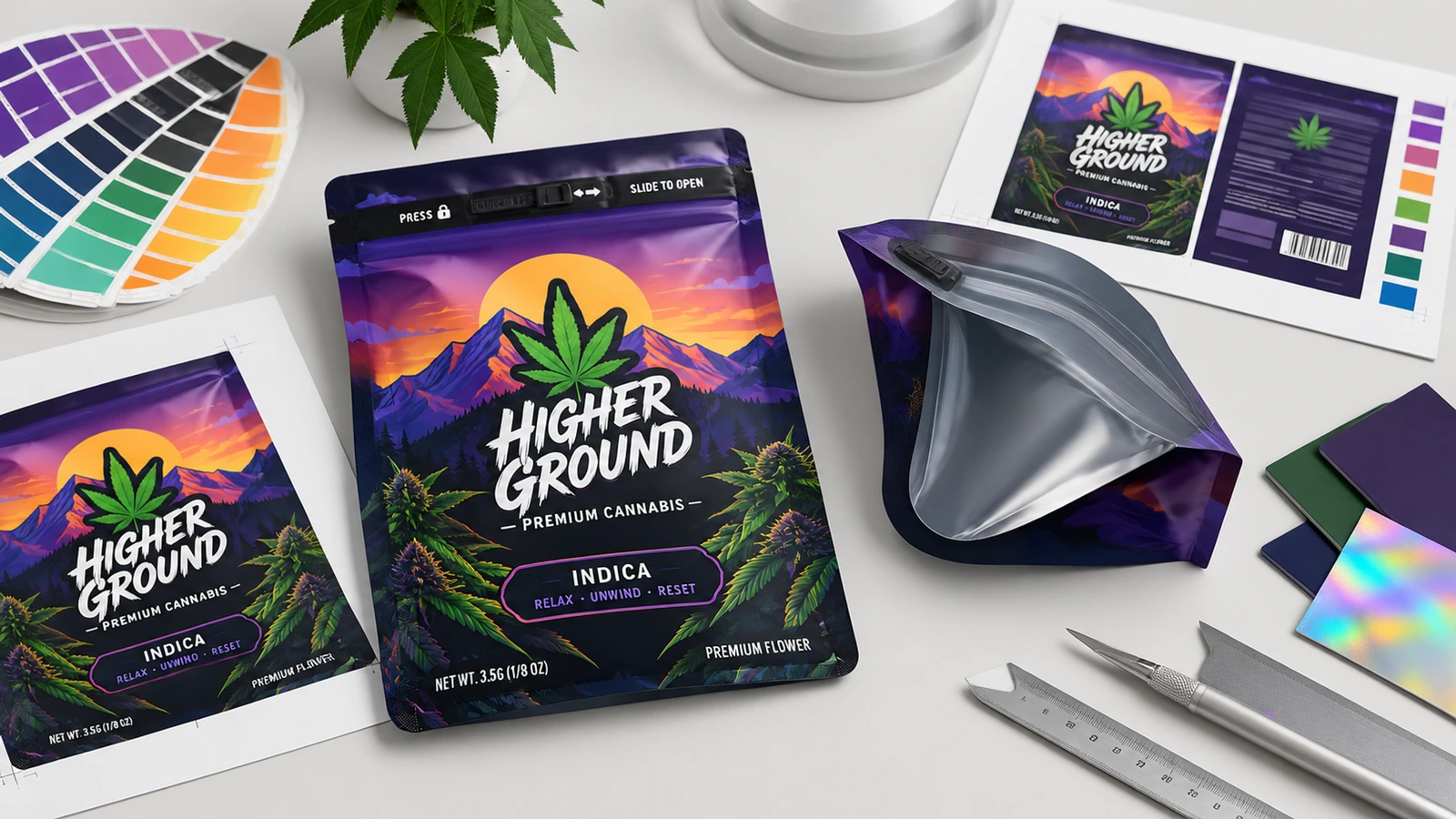 Obra gráfica de bolsas y conceptos de muestra Bolsas moradas con temática de cannabis junto a obra gráfica impresa, muestras de color y una bolsa abierta que muestra su interior
