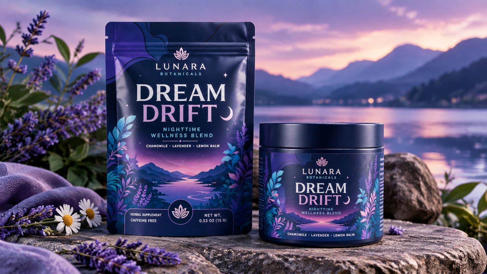 Bolsa botánica morada y frasco a juego expuestos junto a un lago al atardecer
