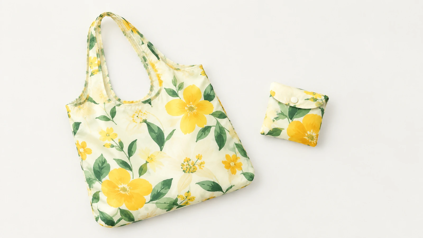 Bolso floral amarillo abierto junto a una bolsa compacta plegada a juego