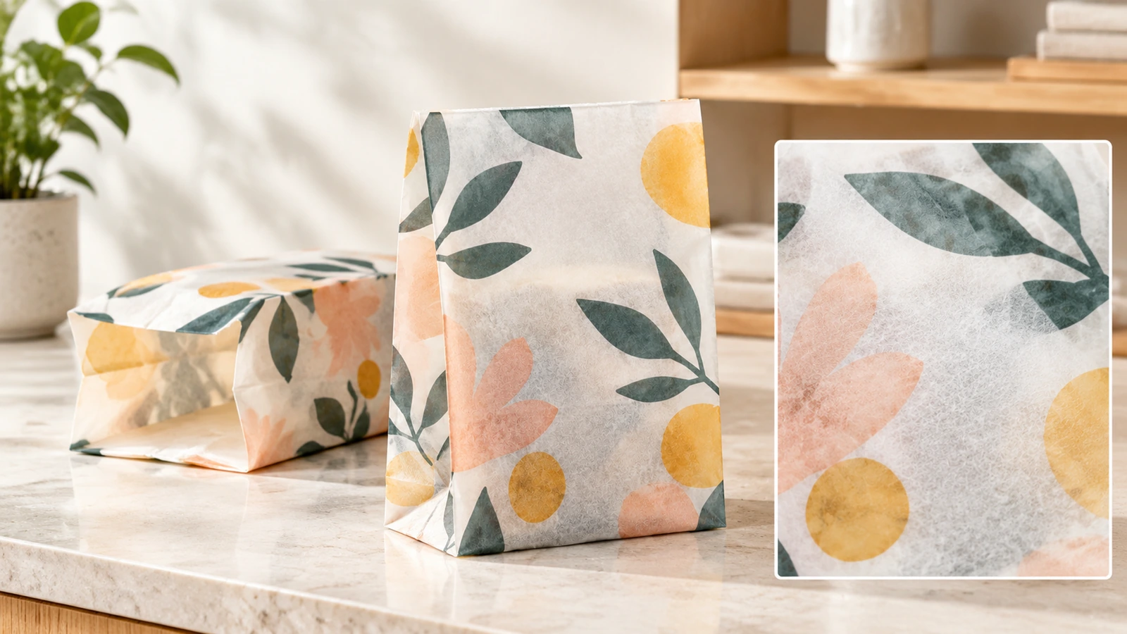 Bolsa de papel impresa y detalle de la superficie Bolsas de papel estampadas con motivos florales y un recuadro con primer plano de la superficie del papel