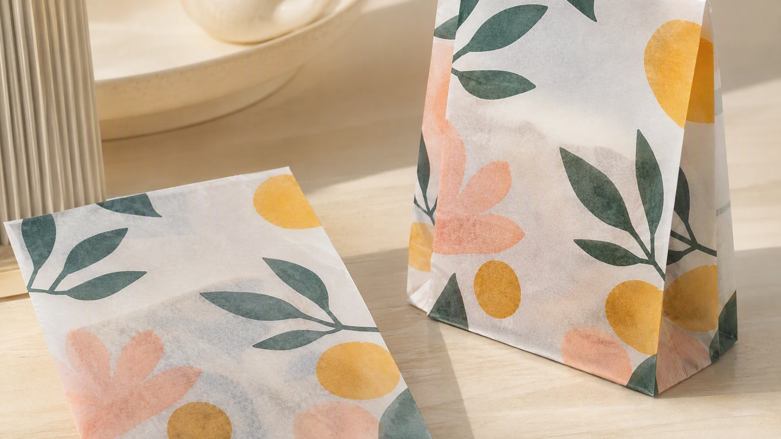 Ejemplos de bolsas de papel planas y armadas Bolsas de papel estampadas con motivos florales, planas y de pie, sobre una mesa de madera