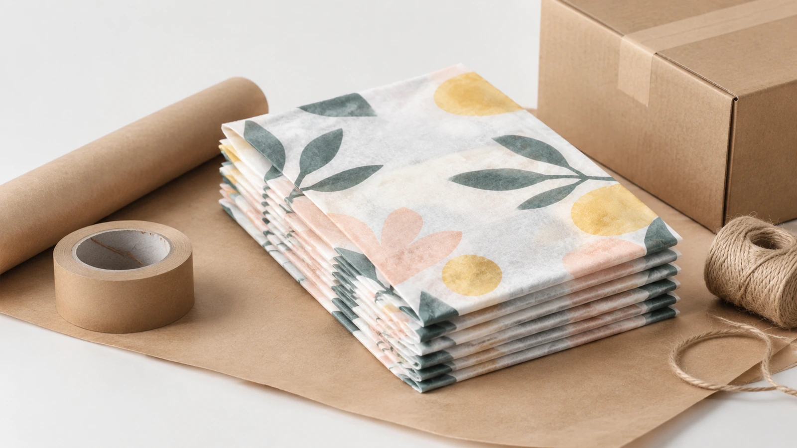 Bolsas impresas y materiales de embalaje Pila de bolsas estampadas con motivos florales junto a cinta de embalaje, cordel y una caja de cartón
