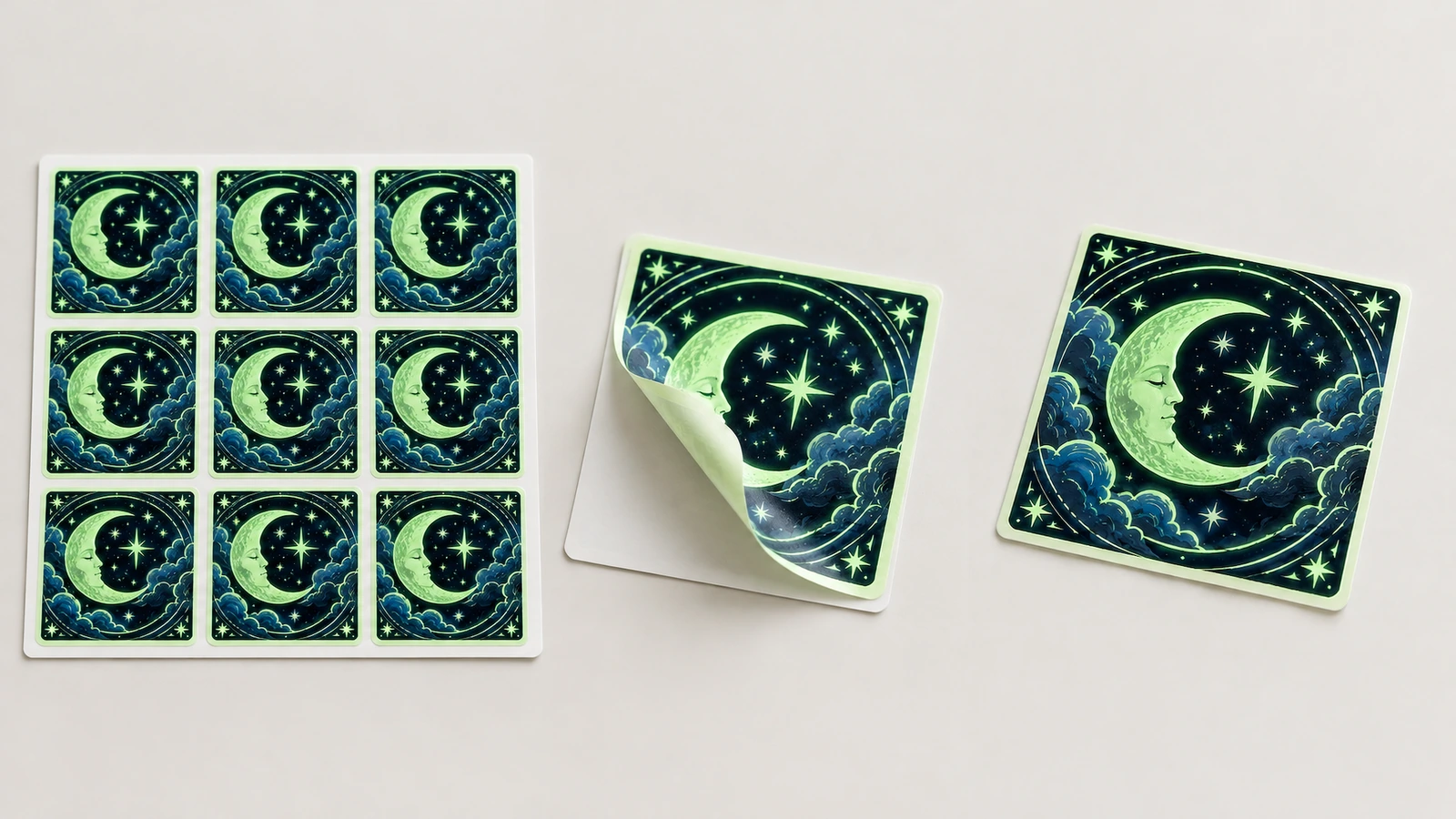 Hoja de pegatinas de luna y pegatinas individuales Una hoja con nueve pegatinas de luna y estrellas junto a dos pegatinas separadas, con una esquina levantada de su soporte