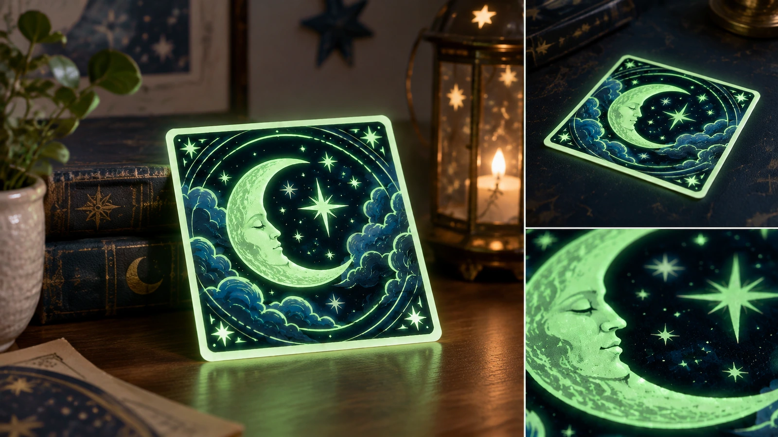 Pegatina de luna y estrellas con iluminación tenue Collage de una pegatina verde de luna y estrellas en una habitación con poca luz, con vistas de primer plano