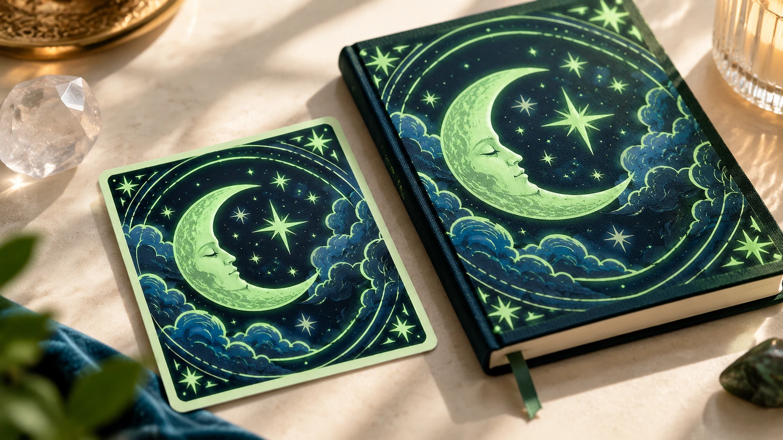 Pegatina de luna junto a una libreta a juego Pegatina de luna y estrellas junto a una libreta con arte celeste a juego