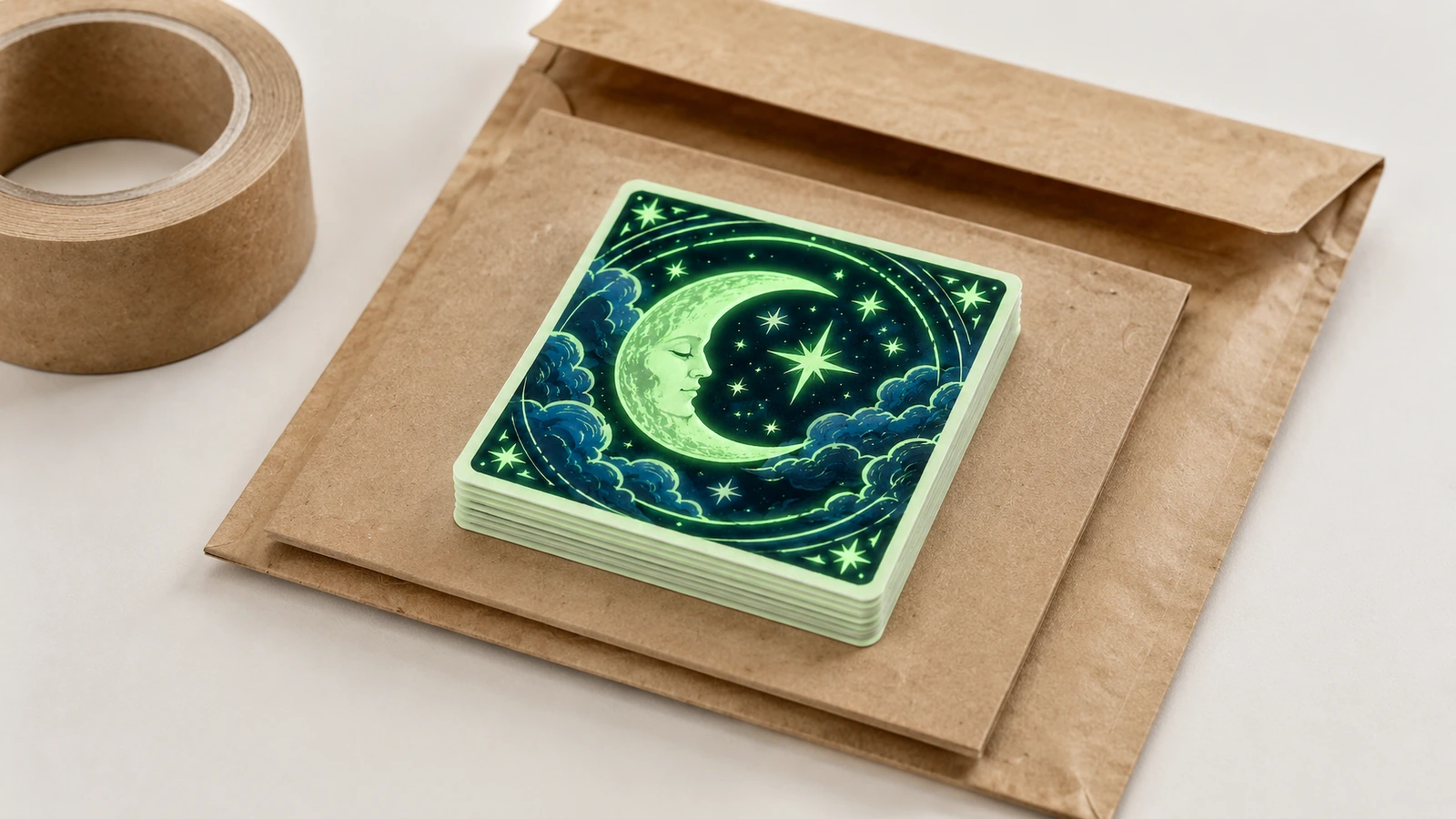 Pegatinas de luna con embalaje kraft Pila de pegatinas cuadradas de luna y estrellas sobre un sobre de papel kraft junto a un rollo de cinta adhesiva marrón