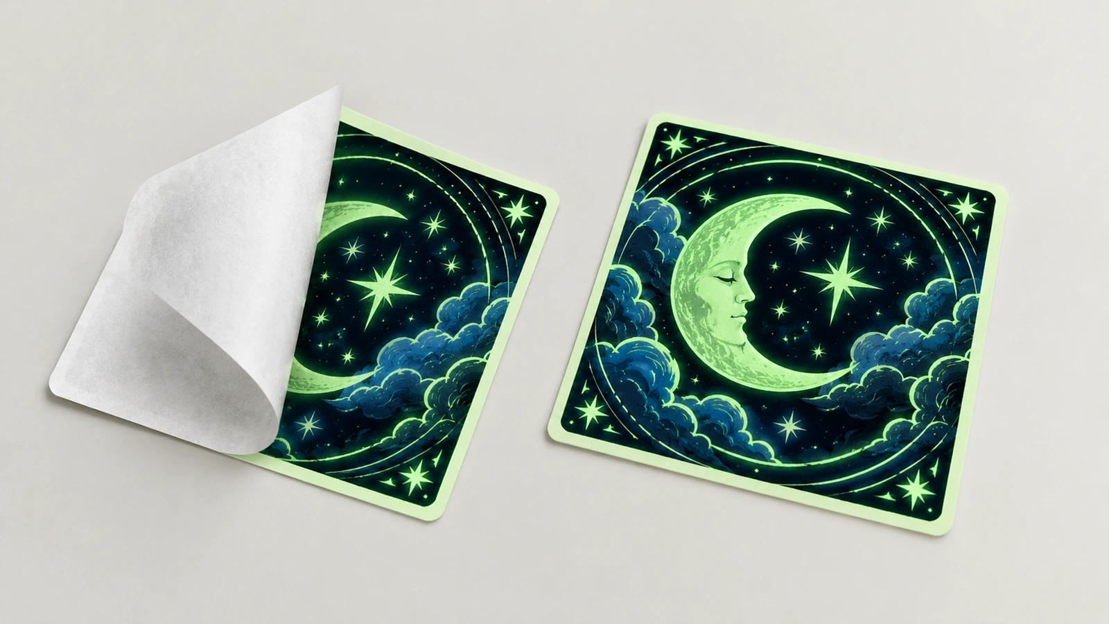 Pegatinas de luna y soporte levantado Dos pegatinas cuadradas de luna y estrellas, una con el soporte de papel blanco parcialmente despegado