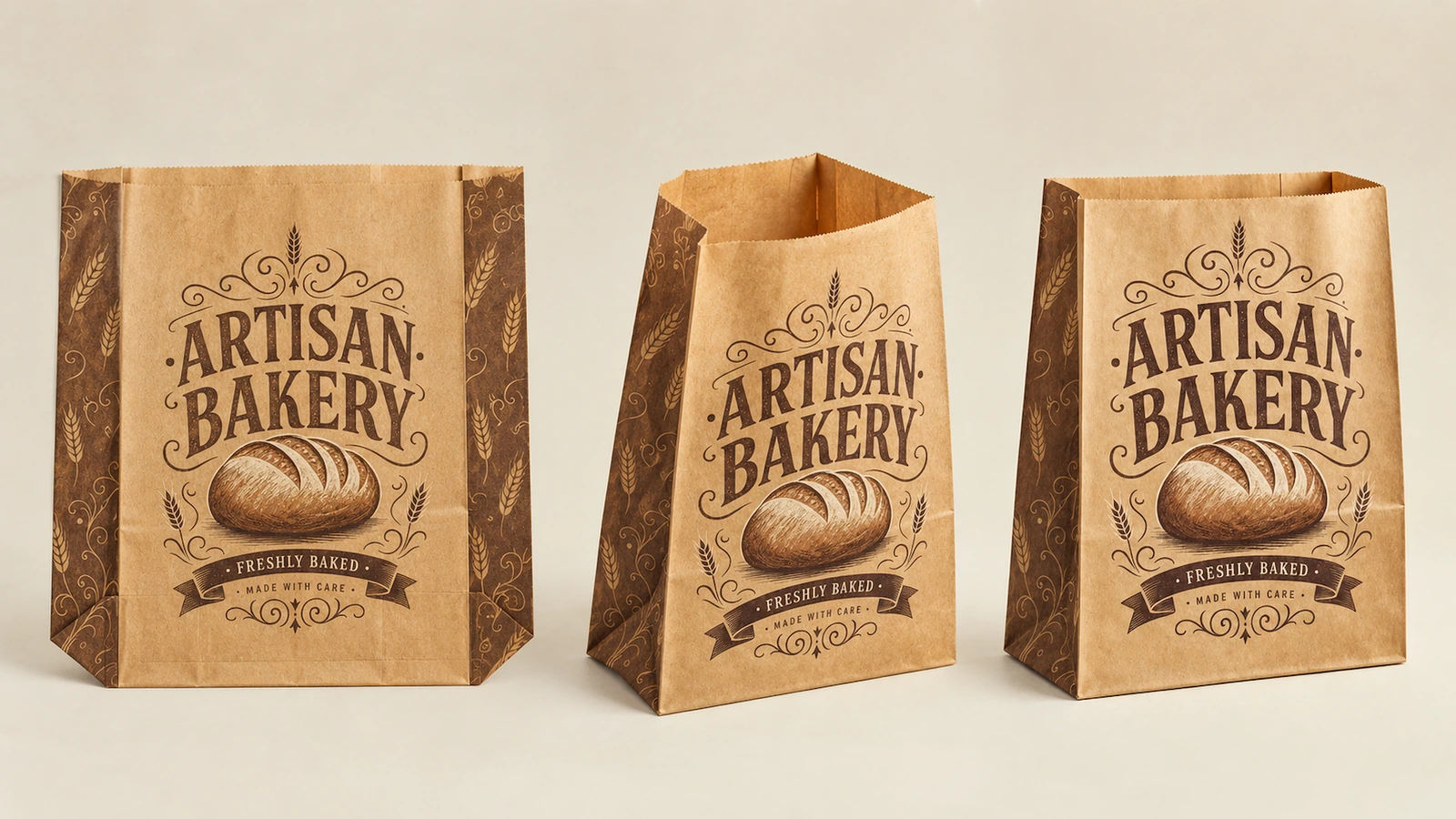Vistas de bolsas de panadería impresas Tres bolsas de panadería impresas de color marrón, colocadas en vertical en distintos ángulos