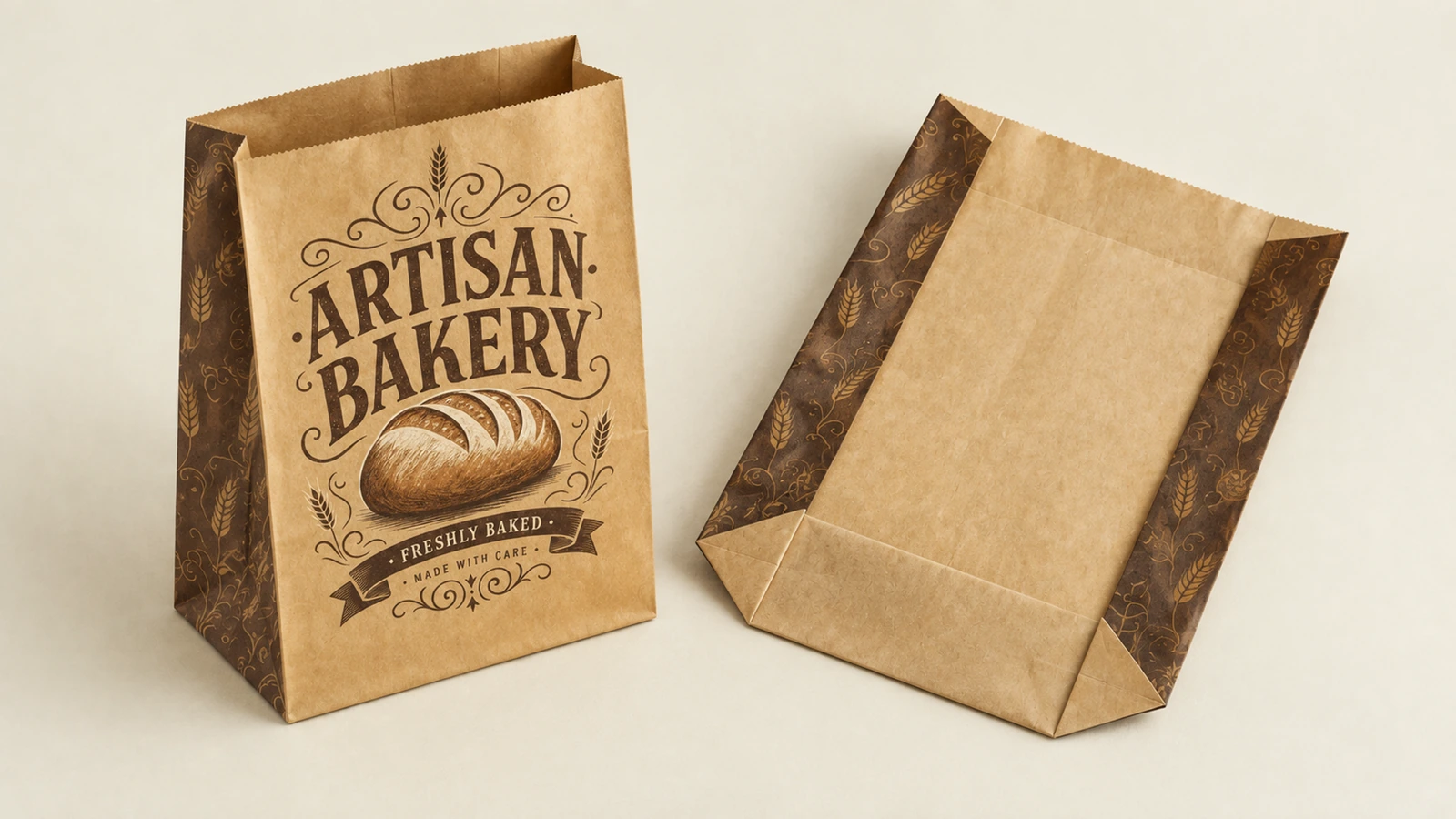 Vistas frontal y trasera de bolsa de papel para panadería Vistas frontal y posterior de bolsas de papel marrón ARTISAN BAKERY con paneles laterales estampados